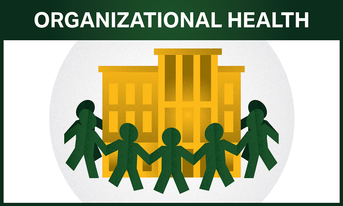 Organizational Health (illustration of green paper dolls in front of a yellow building with many windows). 