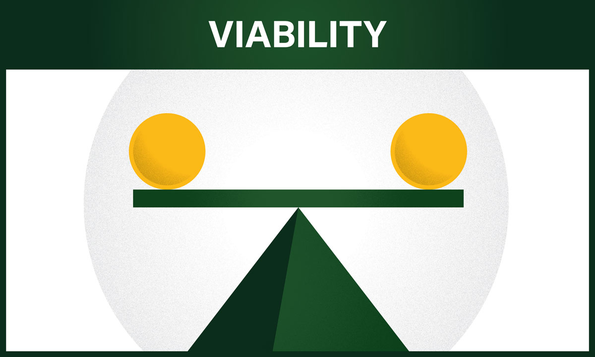 Viability (illustration of two yellow spheres on a green balancing been on the point of a green triangle). 