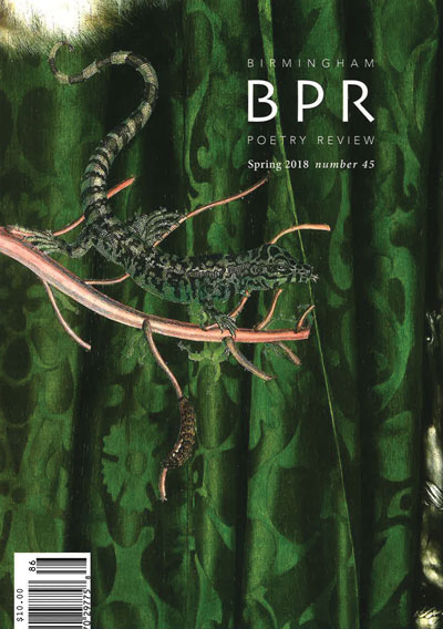 BPR 2018 cover featuring a lizard and centipede on a branch in front of green damask fabric.
