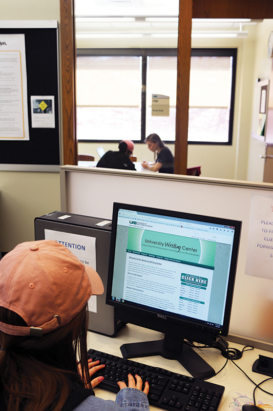 A student using a computer in the University Writing Center. 