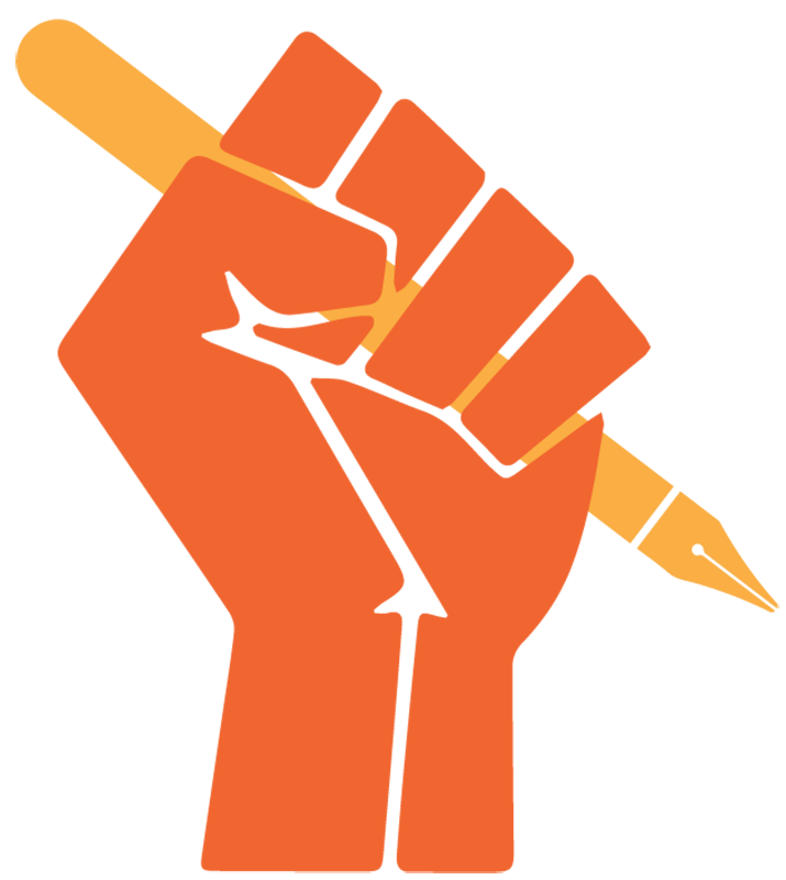 Illustration of a hand holding pen, in a powerful fist pose. 