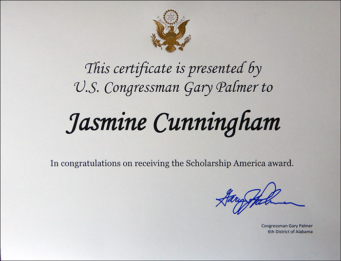 Certificate presented to Jasmine by U.S. Congressman Gary Palmer congratulating her on the scholarship.