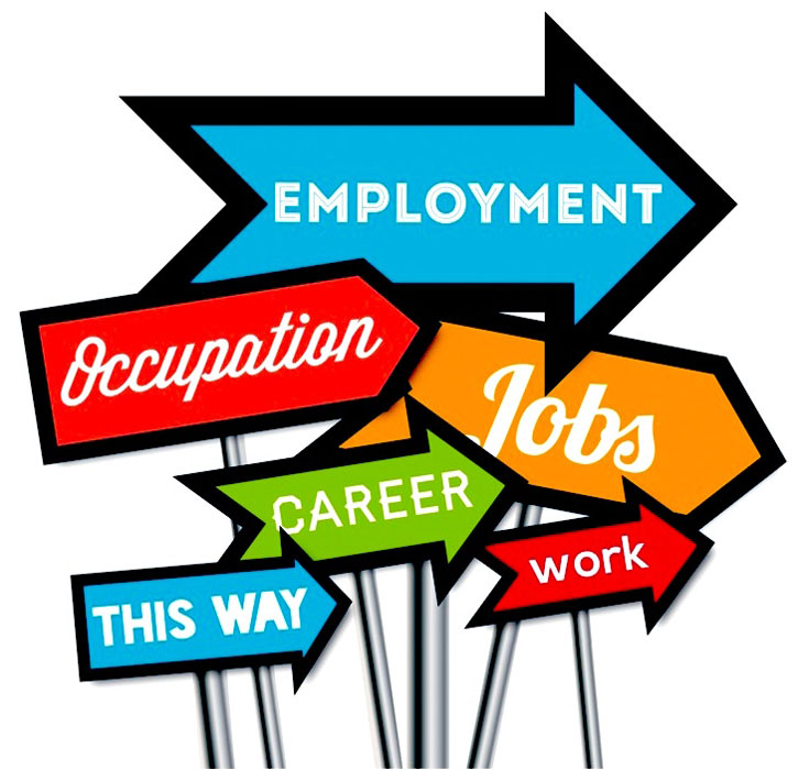 Colorful illustration of signposts that point the way to employment, occupation, jobs, career, work, and 'this way'.