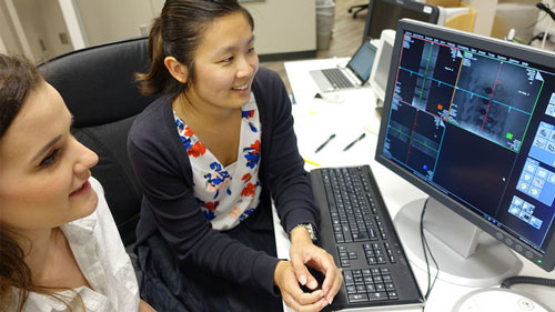 Psychology students at a computer. 