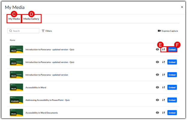 Kaltura media picker modal within Canvas displaying a media list. Top tabs show My Media labeled (C) and Media Gallery labeled (D). Adjacent to a video item are two button options: Embed Settings labeled (E) and Embed labeled (F).