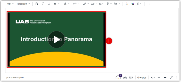 Canvas Rich Content Editor text area showing an embedded video player labeled (I) inserted above the editor options