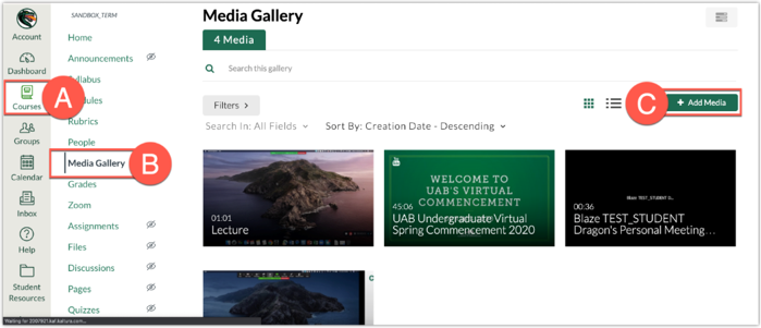 Canvas course navigation highlighting Courses labeled (A) on the left sidebar, Media Gallery labeled (B) in the course menu, and the + Add Media button labeled (C) at the top right of the Media Gallery page.