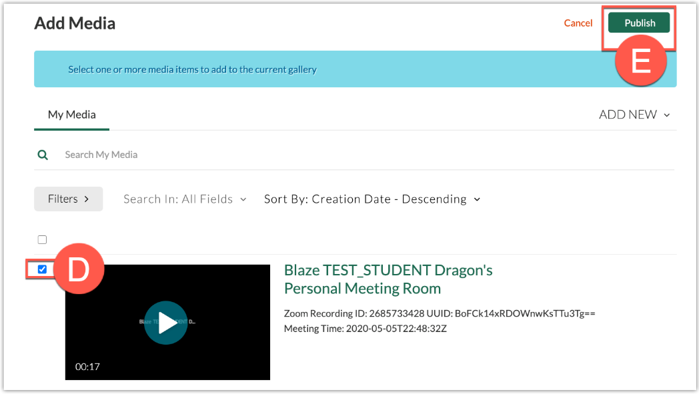 Media Gallery interface displaying a list of available videos. Selection checkboxes are highlighted on the left labeled (D), and a Publish button is highlighted at the top right labeled (E).