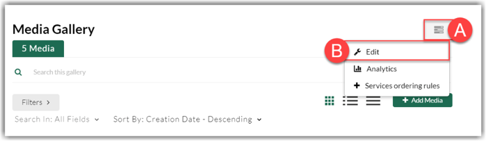 Media Gallery header highlighting the Channel Actions button labeled (A) on the right, with an opened dropdown menu showing the Edit option labeled (B).