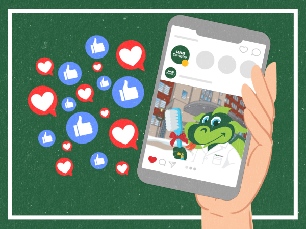 Graphic of hand holding phone with social media and blaze on the phone with heart and like icons pouring from the phone