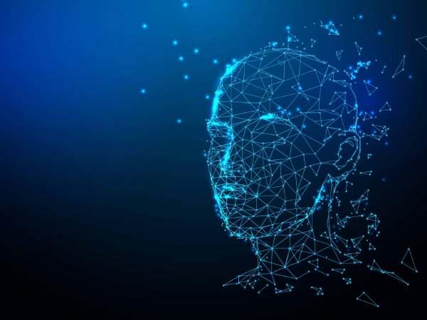 Adobe stock #266056885 Realistic 3d head with polygonal skin made up of abstract lines and triangles with a particle style design.