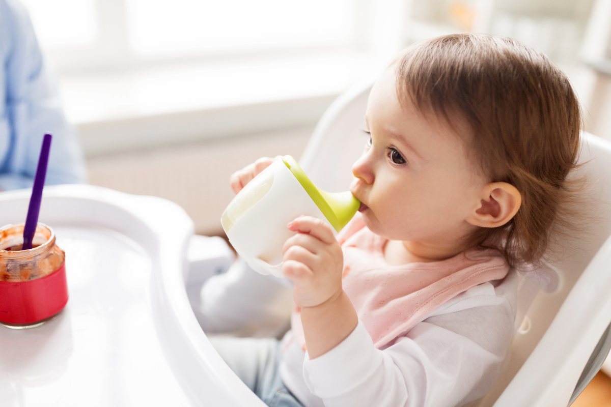 Sippy Cups Story Image AdobeStock 151452264 Baby drinking from spout cup in highchair at home by Syda Productions