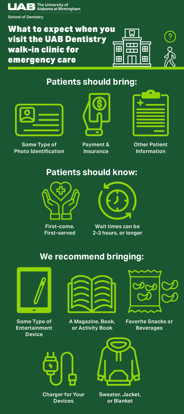 What to expect when you visit the UAB Dentistry walk in clinic for emergency care Infographic: Patients should bring some type of photo identification, payment and insurance, and other patient information. Patients should know that we operate on a first-come, first-serve basis and wait times can be 2 to 3 hours or longer. We recommend bringing some type of entertainment device, a magazine, book, or activity book, favorite snacks or beverages, a charger for your devices, and a sweater, jacket, or blanket.
