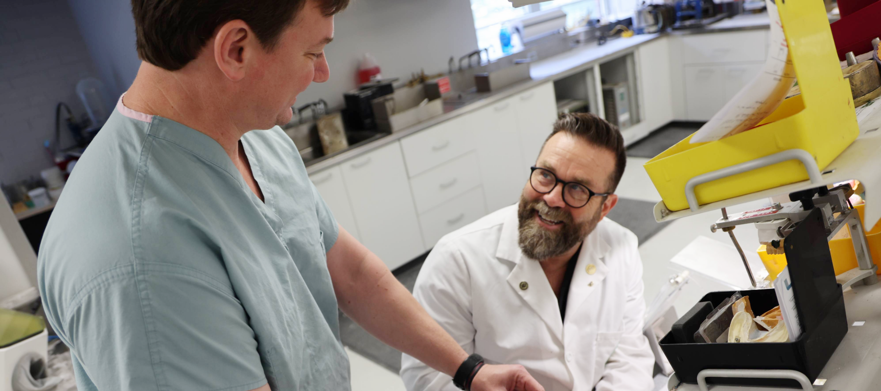 Dentist and prthodontics staff member talk in lab setting