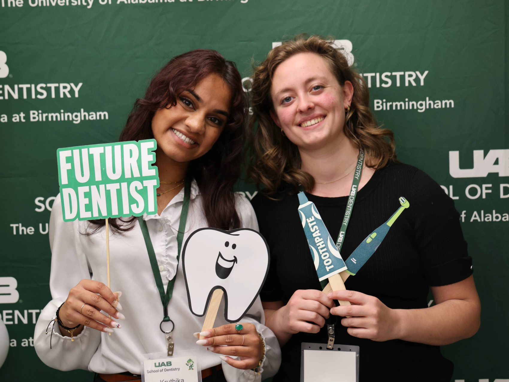 Two incoming D1 students participating in photobooth on Welcome Day