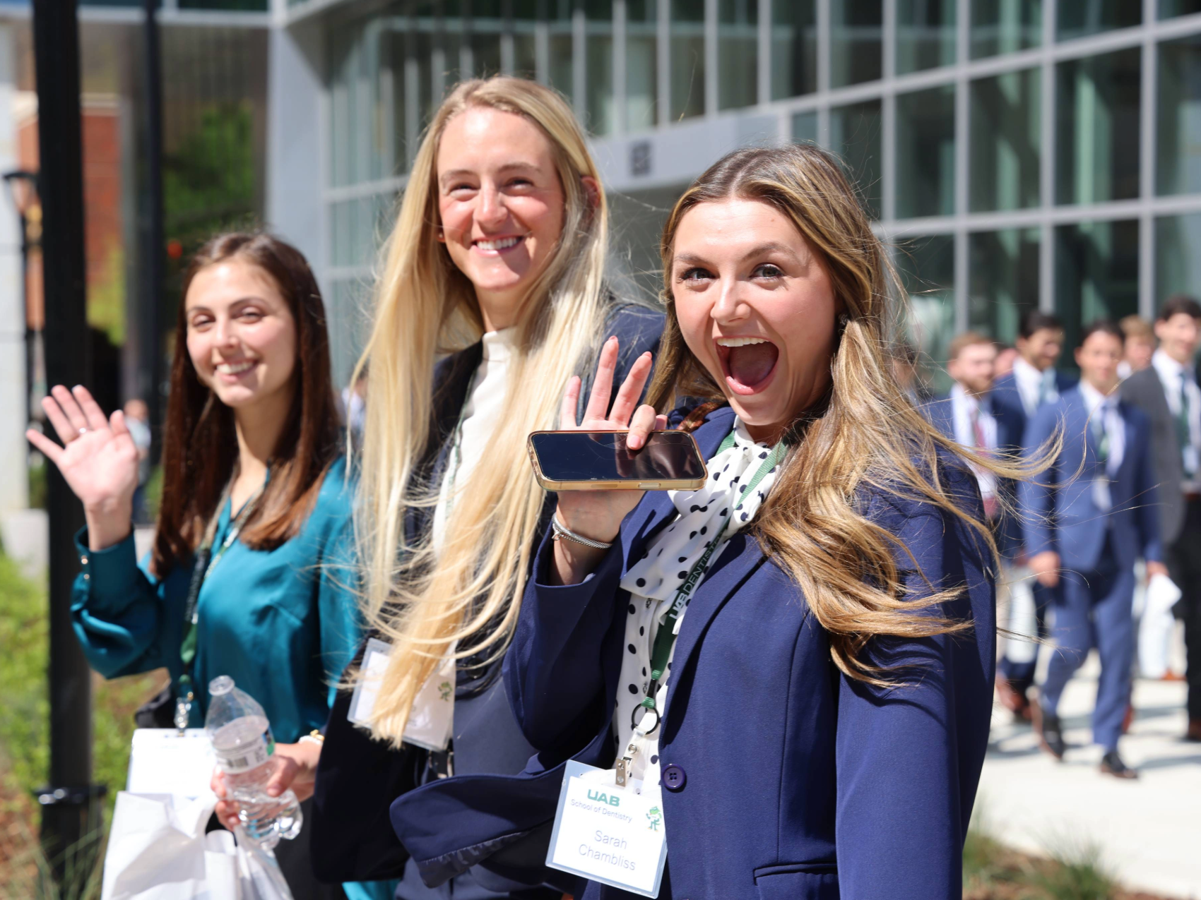 A group of incoming D1 students participating walking over to the School of Dentistry on Welcome Day