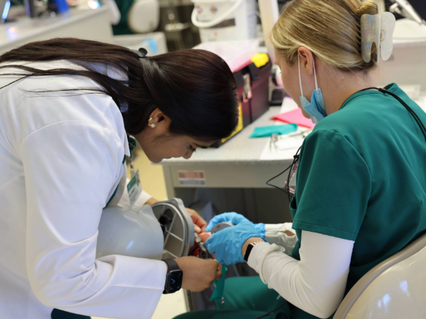 Woman with brown hair in white coat assisting dental student in green scrubs, mask, gloved hands, and white long sleeves with dental mannequin in a lab setting