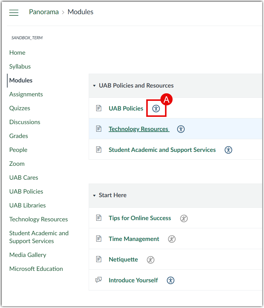 Canvas modules page with the accessibility icon beside UAB Policies highlighted and marked with step A.