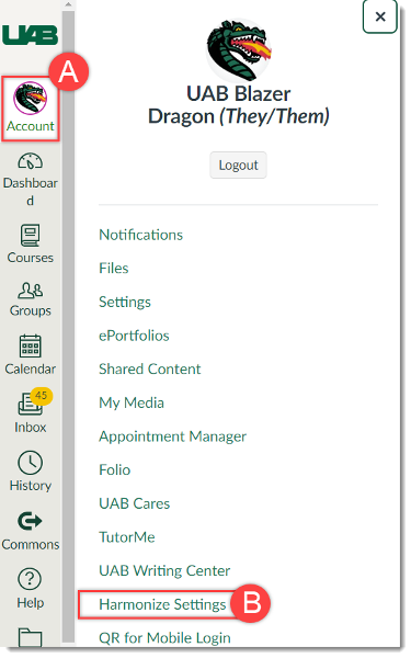 Screenshot of Canvas user navigation pane. 