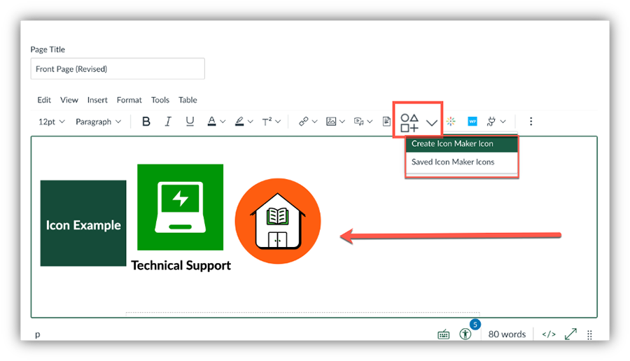 Screengrab of canvas icon maker showing the location of the icon maker in canvas. 