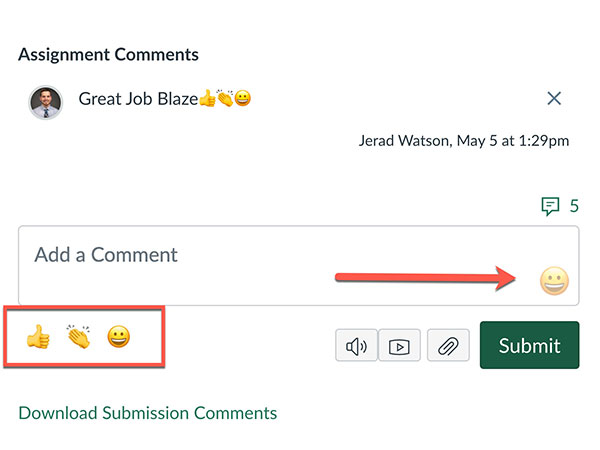 Screenshot of adding an emoji to a comment.