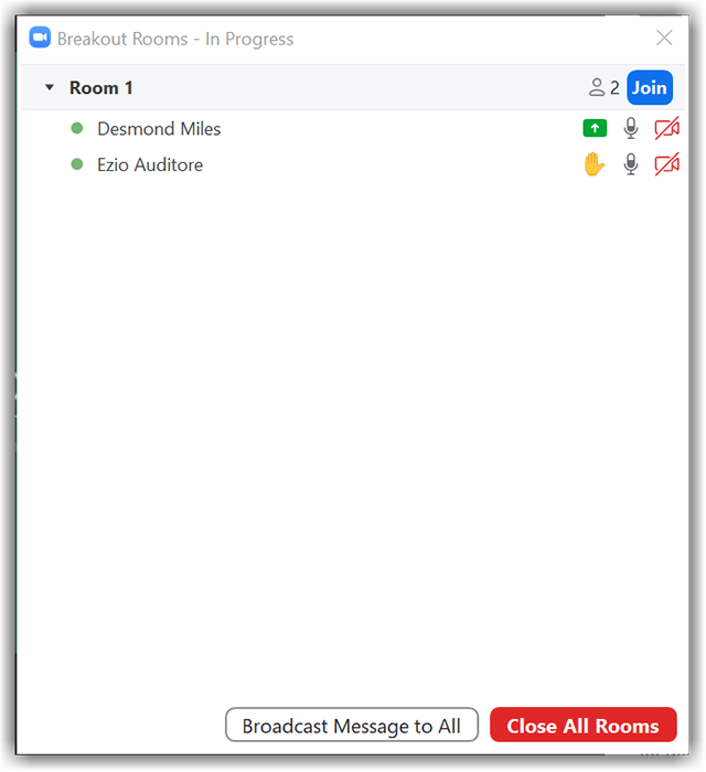 Screenshot of window showing zoom breakout rooms in progress. 