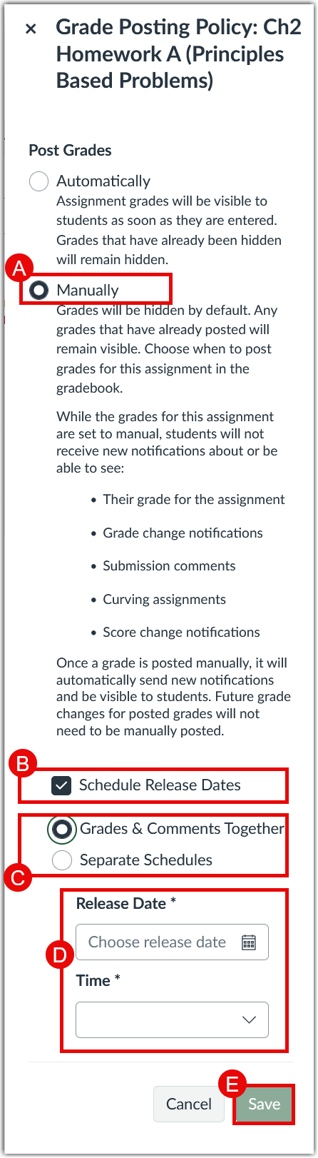 Canvas Grade Posting Policy dialog box displaying options for manual posting and scheduled release of grades and comments.