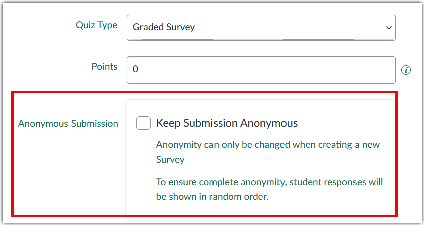 Canvas Quiz settings tab displaying the Anonymous Submission checkbox and related instructional note.