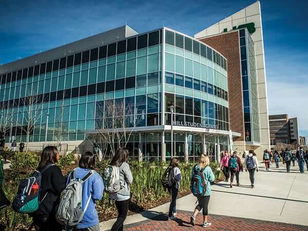 Students walking in and out of the UAB Student Center. 