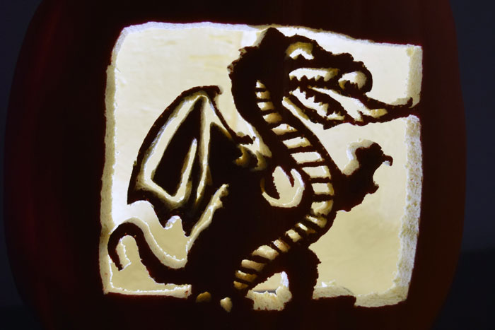 Pumpkin carving of Blaze the dragon.