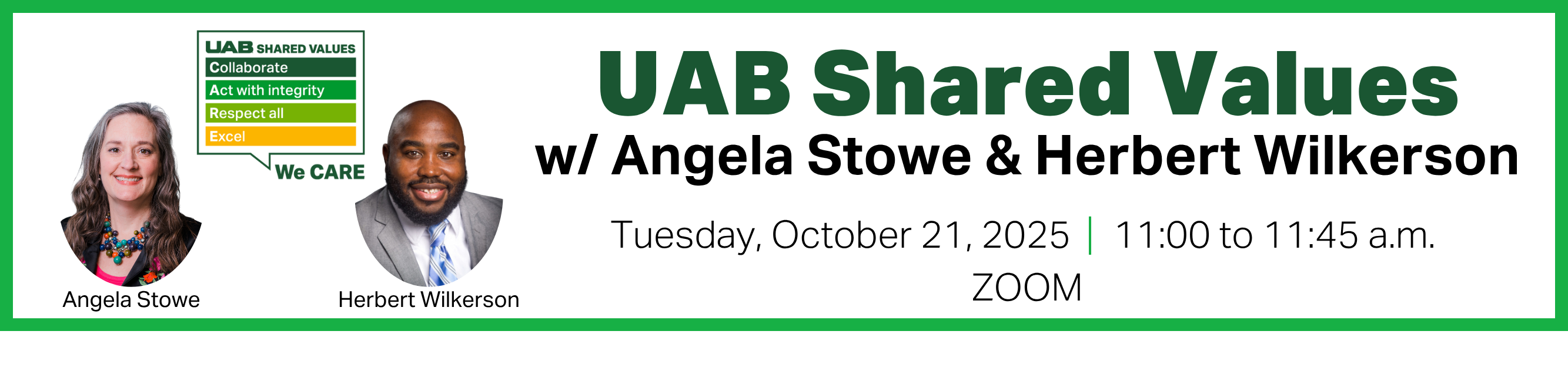 Register for UAB Shared Values, Angela Stowe and Herbert Wilkerson, Tuesday, October 21, 2025, from 11:00 a.m. to 11:45 a.m., Zoom