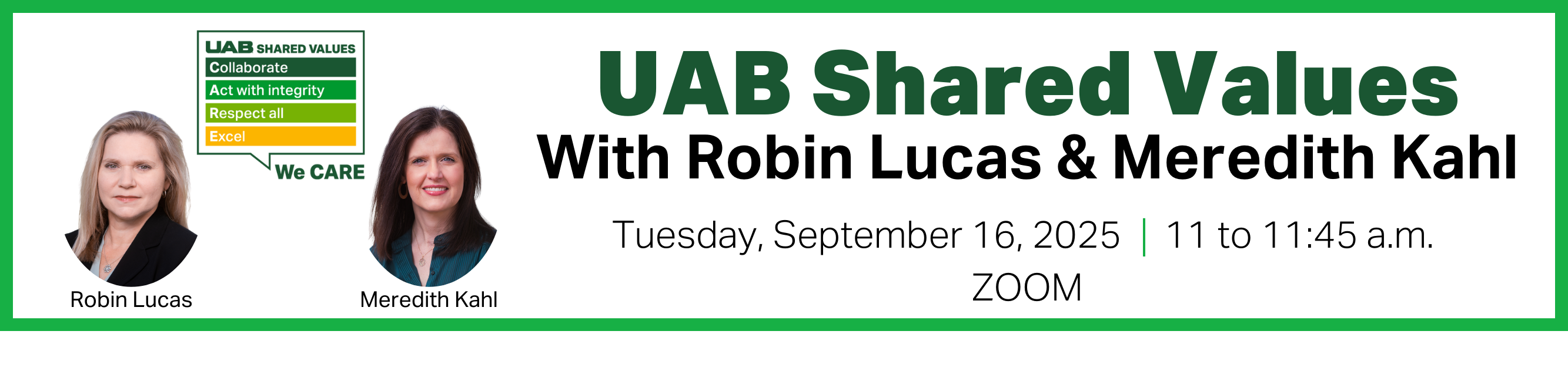 Register for UAB Shared Values, Tuesday, September 16, 2025, from 11 to 11:45 a.m., Zoom