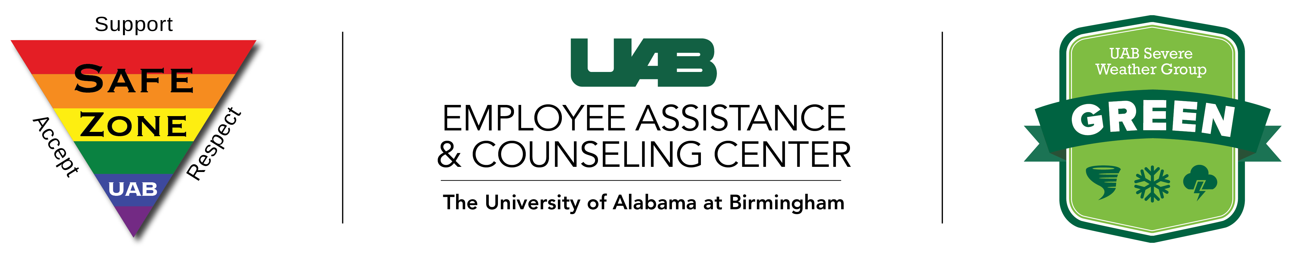 The UAB Employee Assistance & Counseling Center is a UAB Safe Zone for Acceptance. The UAB Employee Assistance & Counseling Center is a UAB Severe Weather Group Green entity.