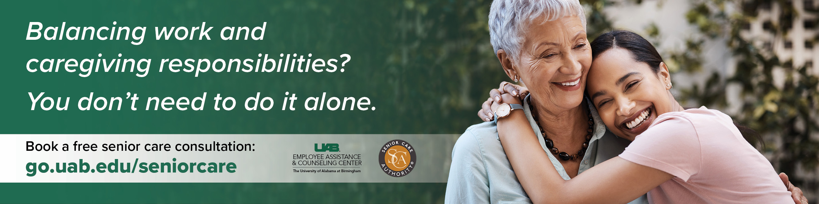 Balancing work and caregiver responsibilities? You don't need to do it alone. Book a free senior care consultation at go.uab.edu/seniorcare.