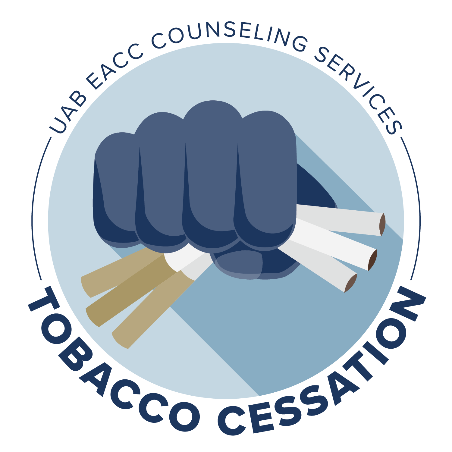 Illustration of a fist crushing a stack of cigarettes