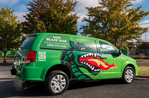 The UAB Blaze Ride van is pictured parked on campus.