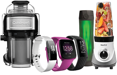 isolated shot of a juicer, fitness trackers, a blender and a green water bottle