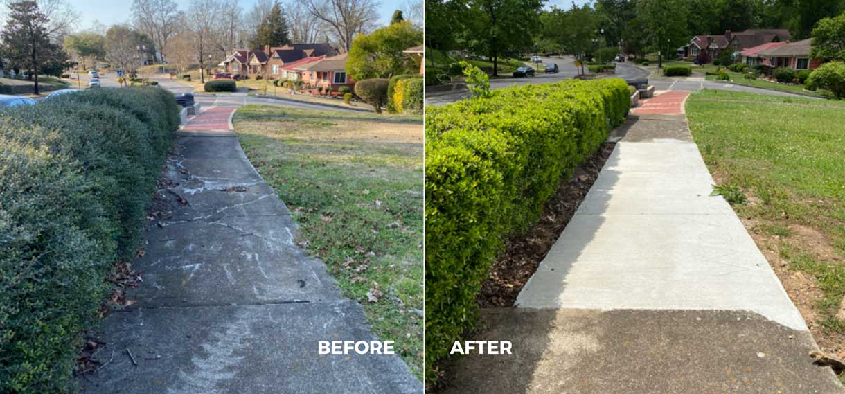 Before & after of a repaired sidewalk surrounded by grass and a hedge.