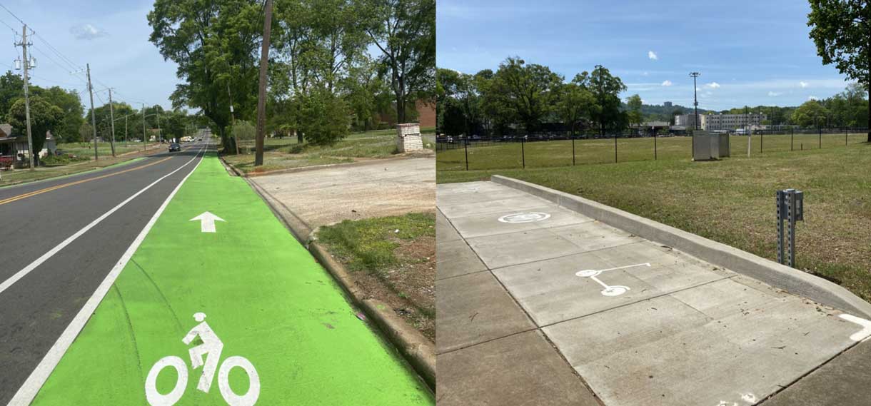 Bike lanes and scooter parking spots.
