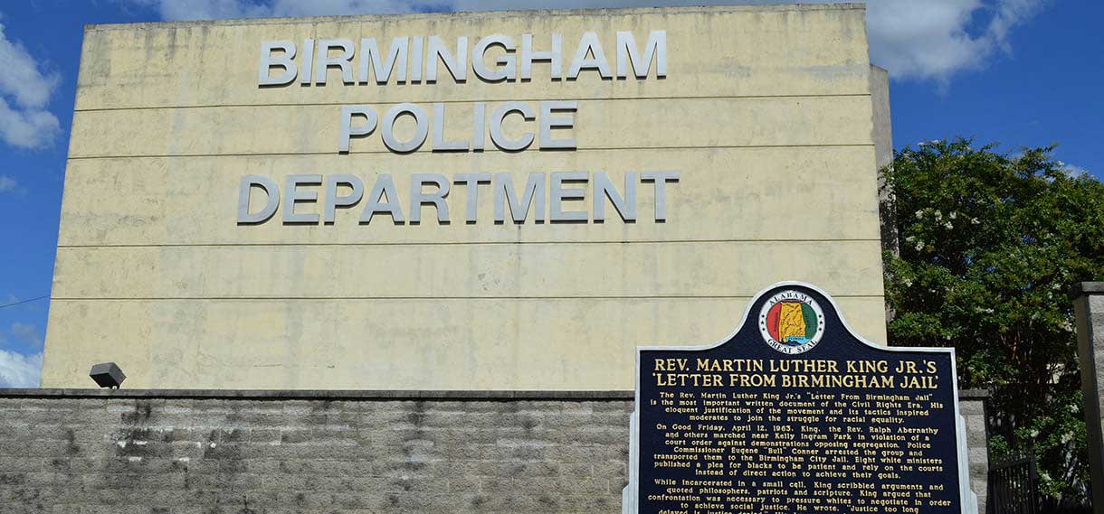 Birmingham Police Department with a historical marker outside titled "Rev. Martin Luther King Jr.'s 'Letter from Birmingham Jail'