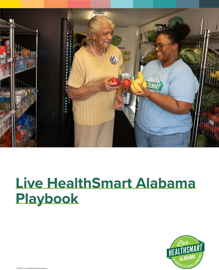 Cover of the playbook, featuring a patron and volunteer in the mobile market van.