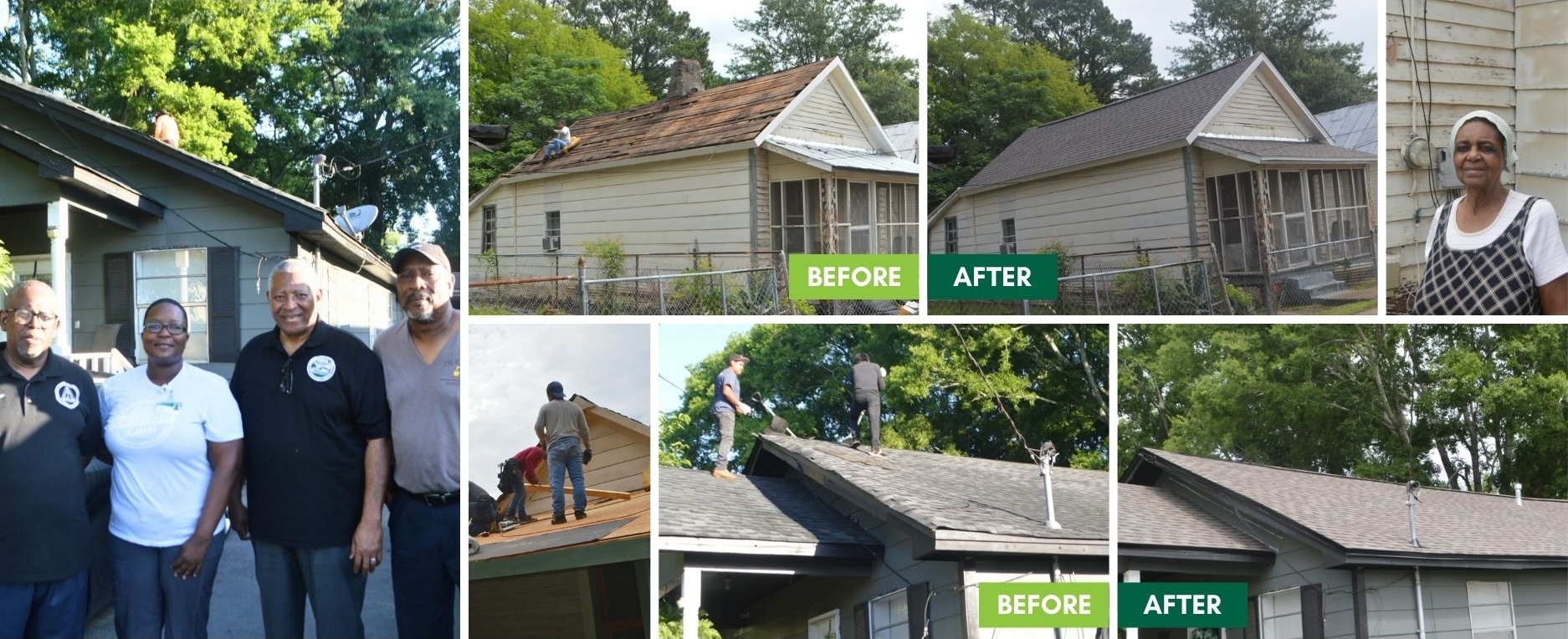 A collage of volunteers and before/after pictures of repaired roofs. 