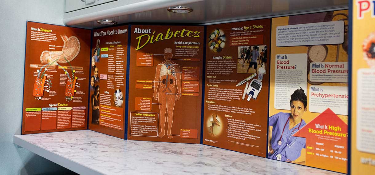 Information sheets about diabetes and high blood pressure.