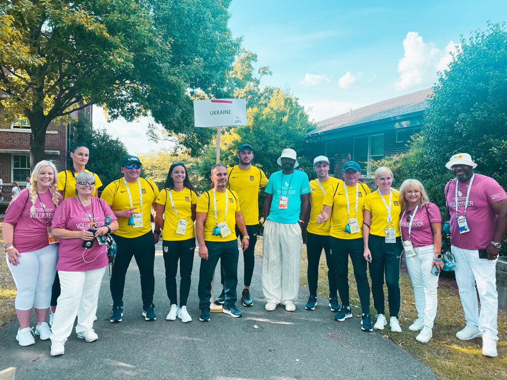Kala Dixon, Ph.D., far left, with the Ukrainian team while volunteering at The World Games Birmingham 2022 opening ceremonies.