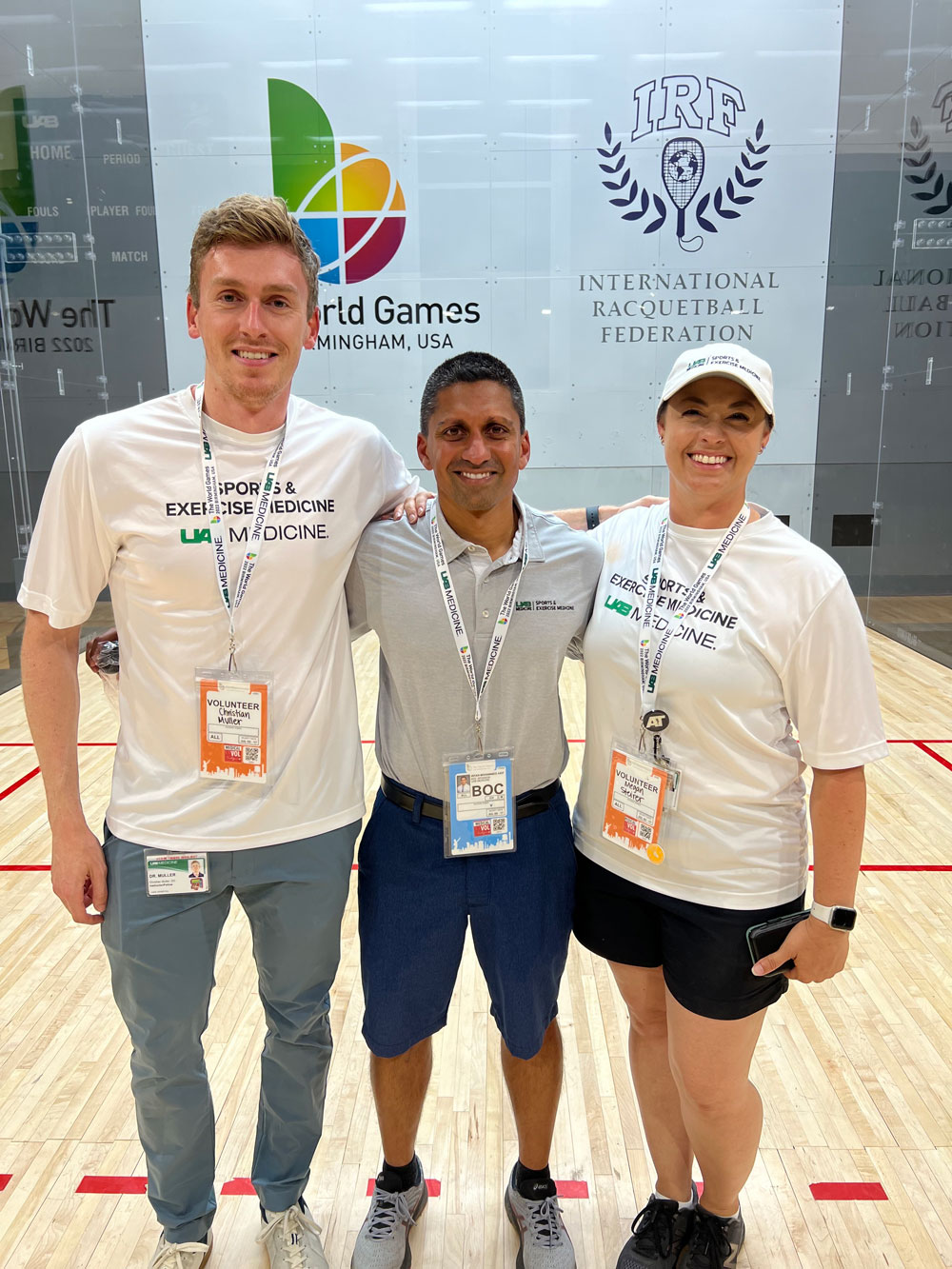Christian Muller, D.O., Irfan Asif, M.D., and Megan Steirer, MA, LAT, ATC, at the racquetball competition.