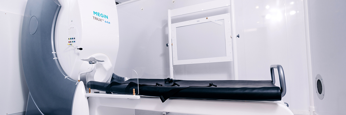 West Pavilion. Close-up of new Magnetoencephalography (MEG) machine, a noninvasive brain imaging device that measures brain activity by detecting magnetic fields produced by electrical activity in the brain, diagnosing brain disorders, mapping brain activity, and studying brain function, October 2024.