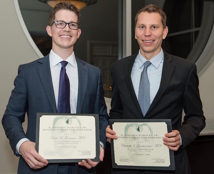 Drs. Christoph J. Griessenauer and Paul Foreman are awarded the the M. Stephen Mahaley, Jr., M.D., Ph.D., Endowed Award in Neurological Surgery Research at the 2016 J. Garber Galbraith, M.D., Scientific Session and Lecture. Drs. Christoph J. Griessenauer and Paul Foreman are awarded the the M. Stephen Mahaley, Jr., M.D., Ph.D., Endowed Award in Neurological Surgery Research at the 2016 J. Garber Galbraith, M.D., Scientific Session and Lecture.