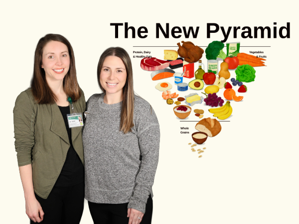Two dietitians stand together next to a diagram of the new food pyramid