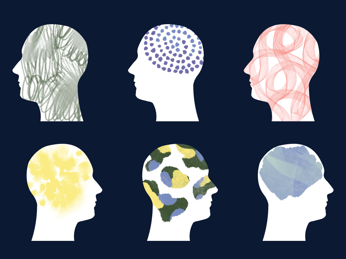 Six silhouettes of heads sit in a row. Each silhouette is filled with a distinct pattern: twisting tangles, chaotic scribbles, colorful blotches, or dots.