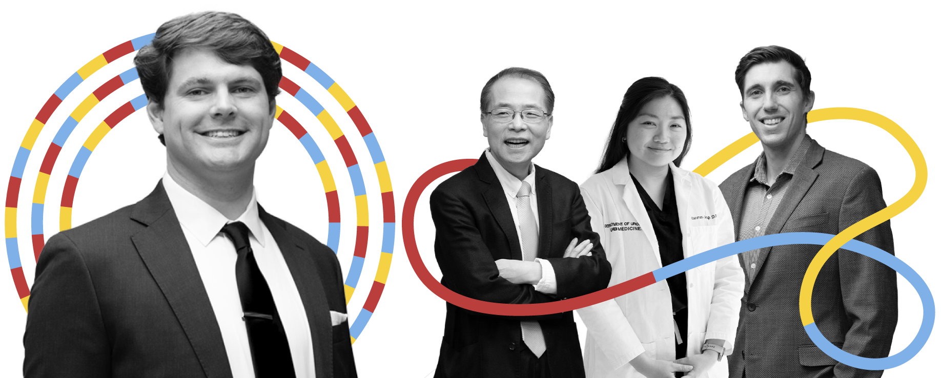 A mixed media art of Brenton Bicknell, a fourth-year medical student at UAB Heersink School of Medicine. He is pictured in black and white headshot of him and his mentors: Dr. Cho, Dr. Tong and Dr. Tauscher with a multi color ribbon signifying his connection to them.